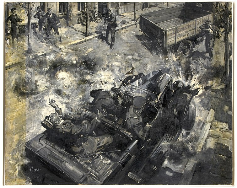 Terence Cuneo: Atentát na Heydricha. Olejomalbu pocházející asi z roku 1942 dnes uchovává ve svých sbírkách The National Archives (Velká Británie)