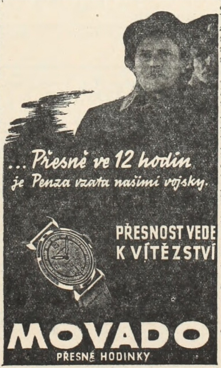 Na rychlé dobytí města reagovala i reklamní kampaň hodinářské firmy Movado v roce 1937