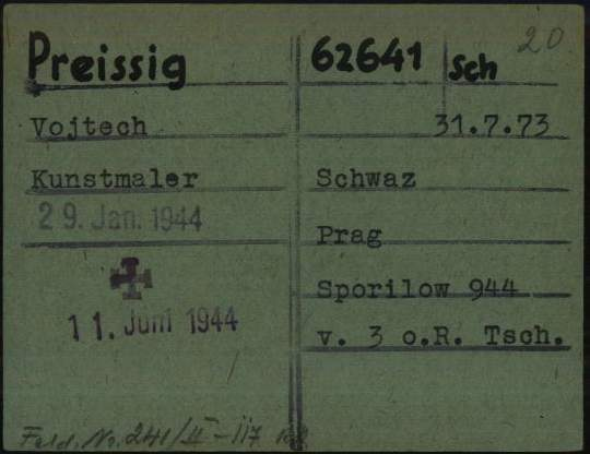 Registrační karta V. Preissiga v KT Dachau s údajem o jeho úmrtí
