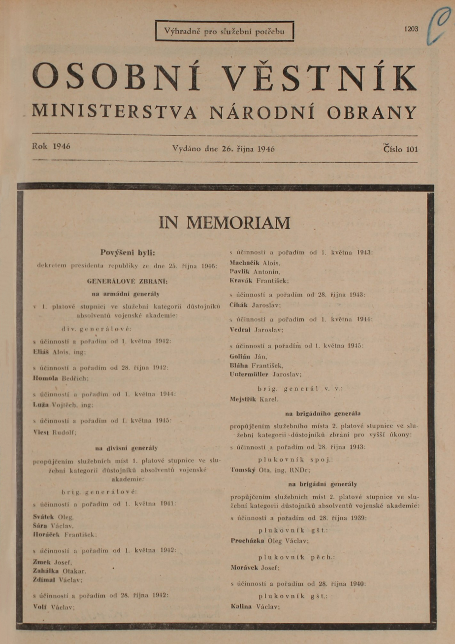 Osobní věstník MNO číslo 101 ze dne 26. října 1946, v němž byl Vojtěch Luža povýšen in memoriam do hodnosti armádního generála. 