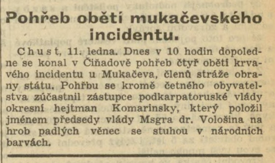 Článek o pohřbu obětí v novinách Národní osvobození ze dne 12. ledna 1939