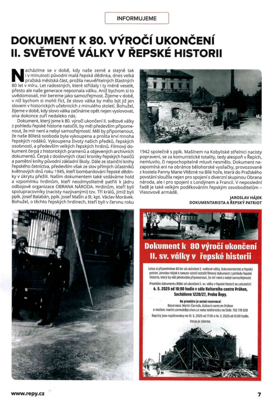  Dokument k 80. výročí ukončení II. sv. války v řepské historii