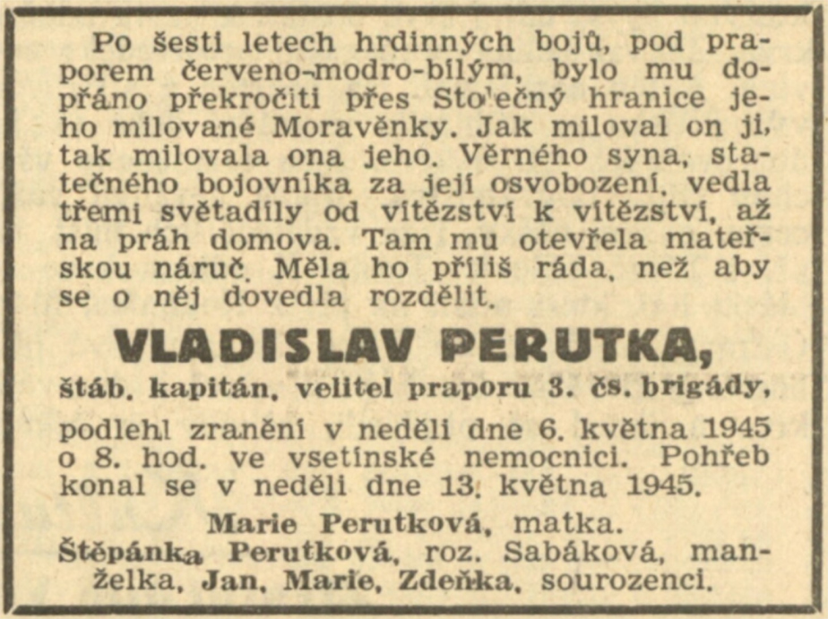 První smuteční oznámení v novinách Čin.