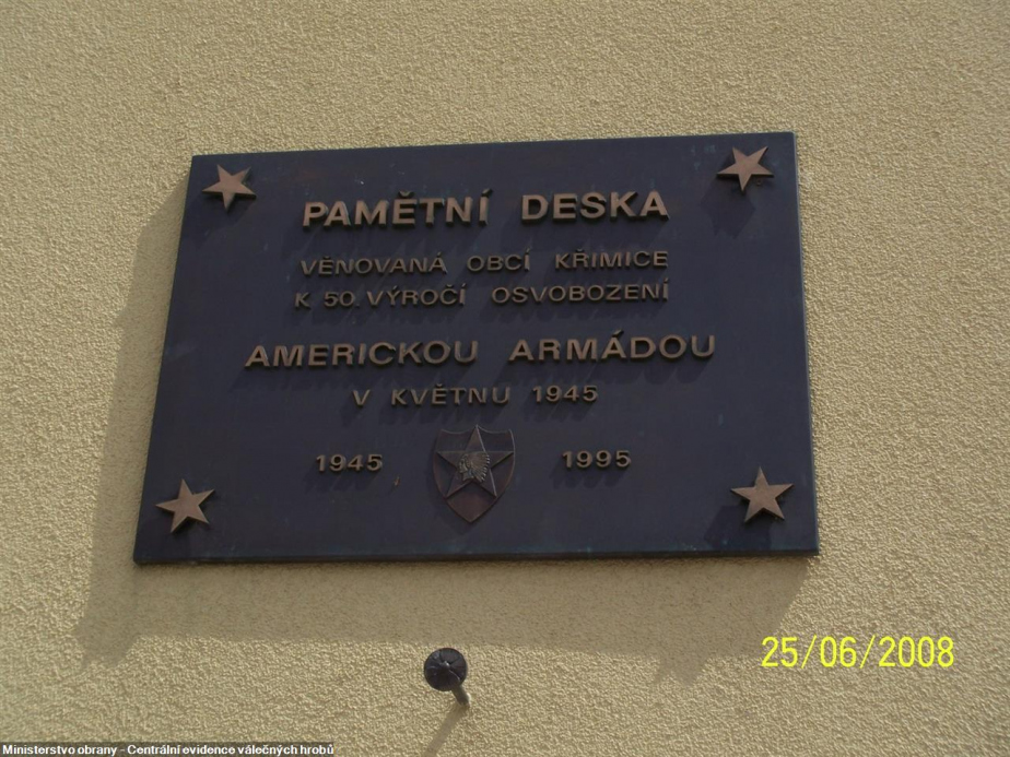 Pamětní deska věnovaná plzeňskou částí Křimice k 50. výročí osvobození americkou armádou v květnu 1945. 
