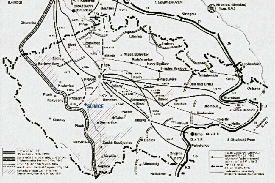 Mapa zachycující vojenskou situaci v květnu 1945 v okolí Slivic na Příbramsku. Jasně je zde vyznačena demarkační linie mezi americkým a sovětským prostorem. 