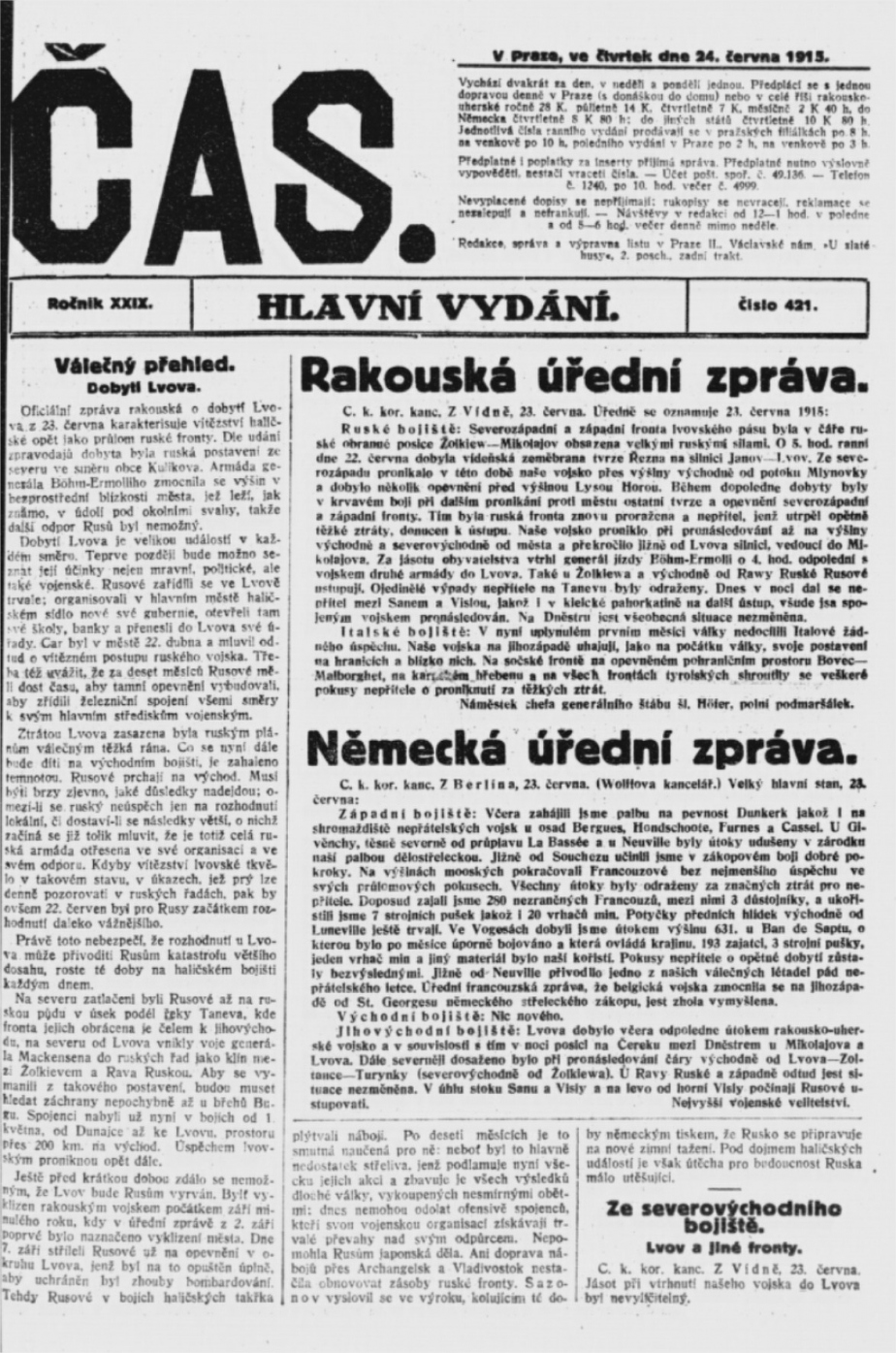 Úvodní stránka novin Čas ze dne 24. června 1915.
