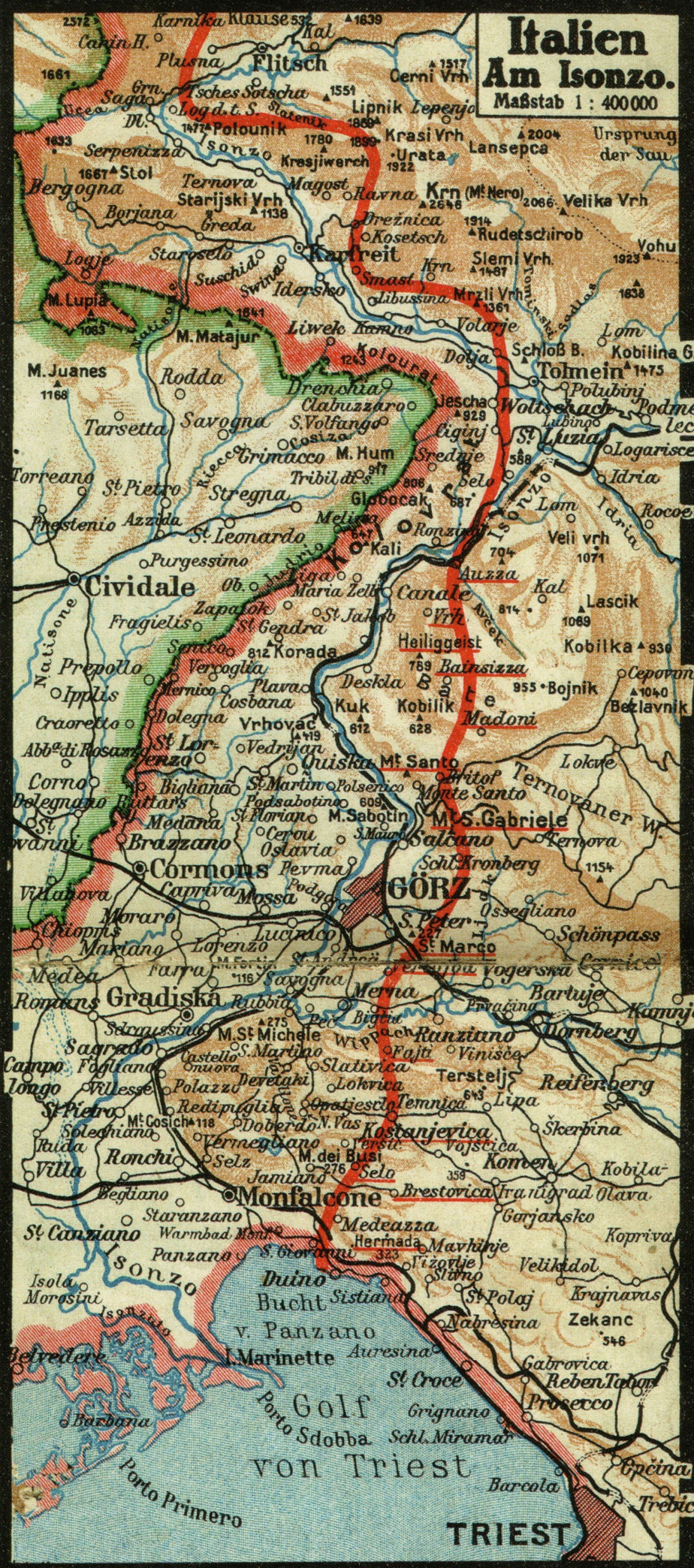 Mapa sočského povodí s průběhem fronty 1915-1917