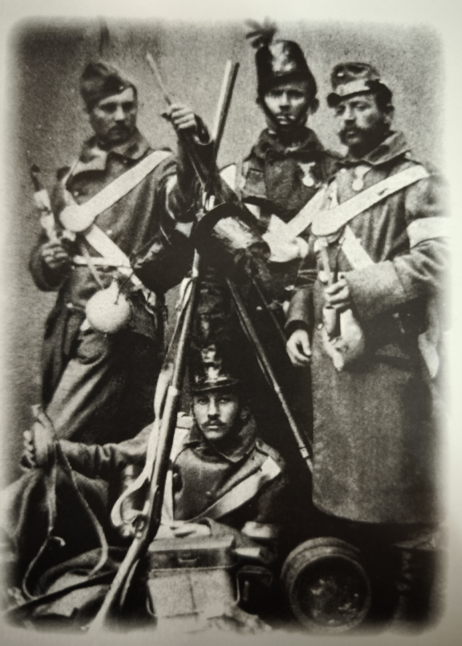 Soudobá fotografie rakouských pěšáků z roku 1864. 