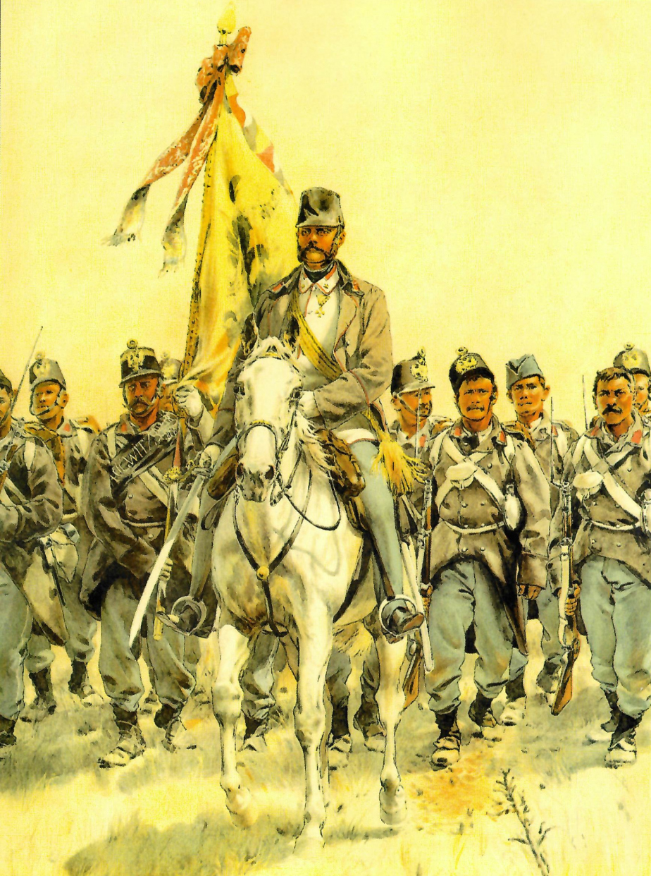 Rakouská pěchota z války roku 1866 na malbě Rudolfa Otty von Ottenfelda. 