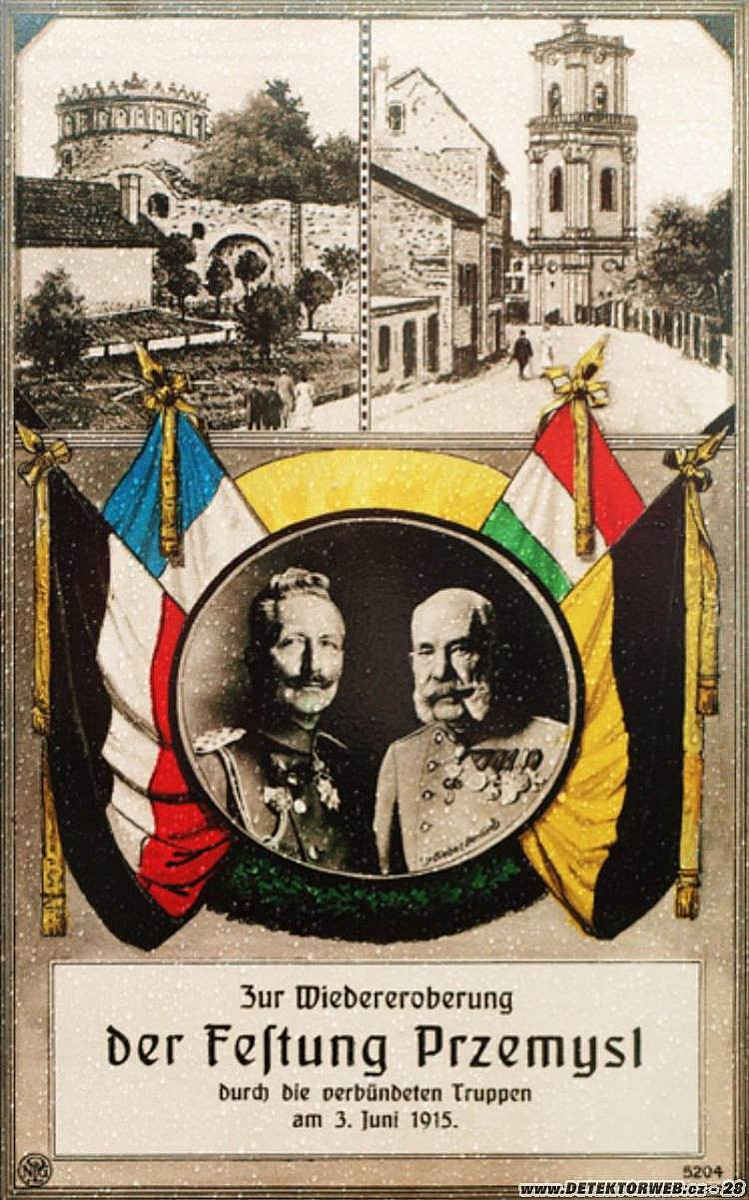 Oslavná pohlednice na počest znovudobytí Přemyšlu 3. června 1915.