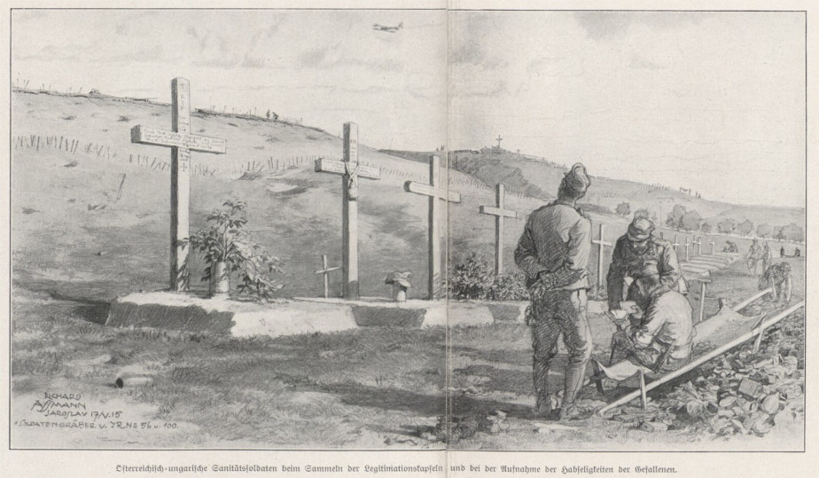 Zdravotníci rakousko-uherské armády prochází legitimační lístky u polních hrobů. Květen 1915 na východní frontě.