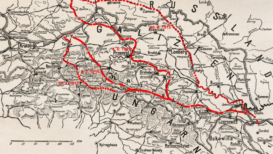 Linie postupů rakousko-uherské armády po ofenzivě u Gorlice.