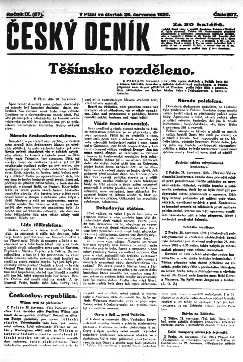 Titulní strana novin Český deník 29. července 1920.