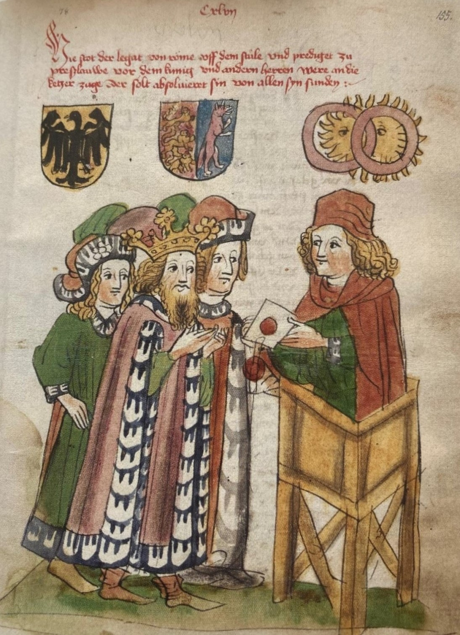Nuncius Fernando z Luga vyhlašuje 17.března 1420 ve Slezské Vratislavi (dnešní Wrocław) papežskou bulu vyzývající k I. křížové výpravě proti husitům.