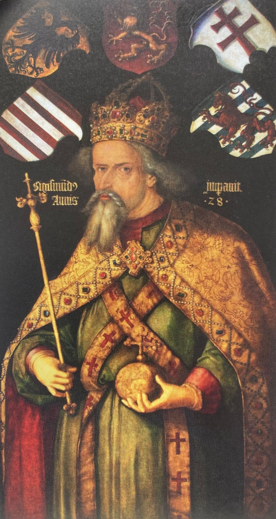 Císař Zikmund Lucemburský (*1368 - †1437), jak ho zobrazil roku 1514 malíř Albrecht Dürer. V horní části jsou vyobrazeny znaky zemí, jímž vládl.