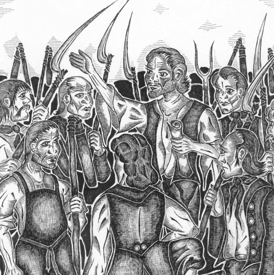 Ilustrace zobrazující povstání sedláků.
