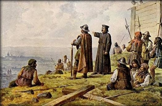 Jan Žižka a kněz Václav Koranda starší při setkání na Vítkově v představě malíře Josefa Mathausera.