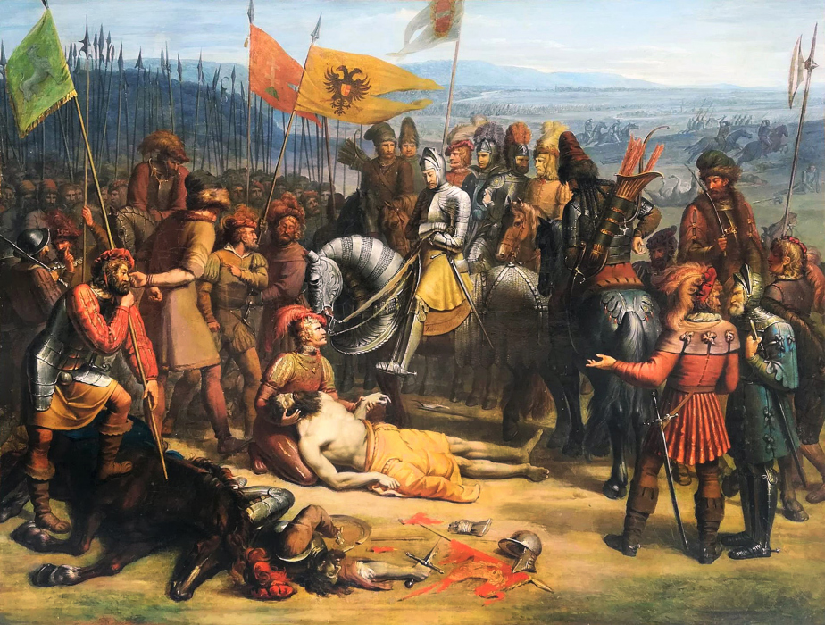 Porážka českého krále Přemysla Otakara II. římským králem Rudolfem I. Habsburským na obraze Antona Pettera.