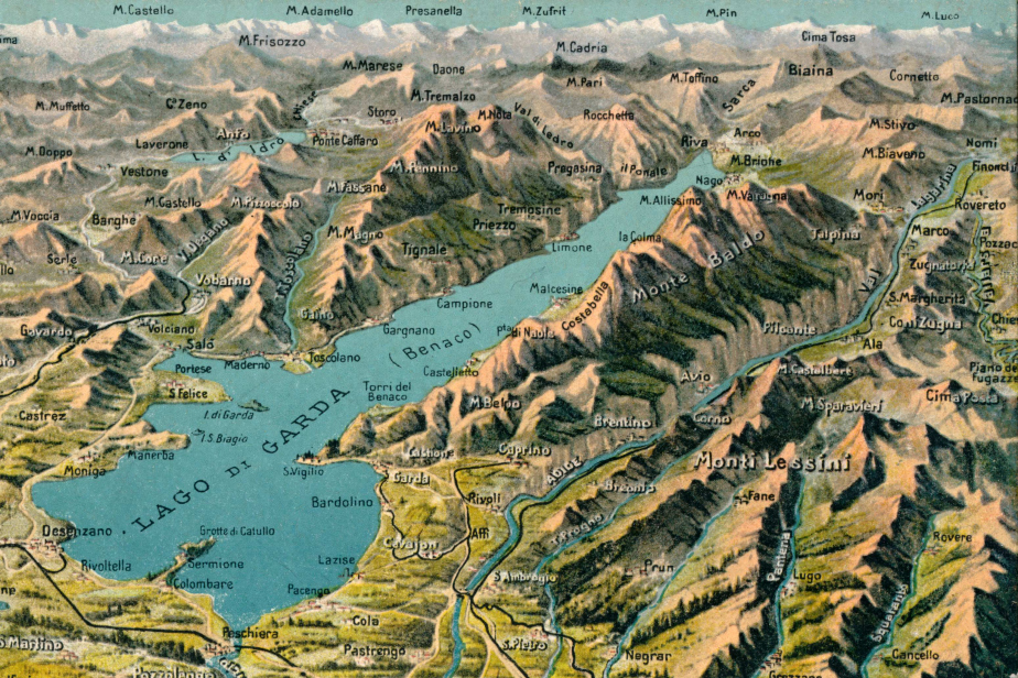 Mapa oblasti kolem jezera Lago di Garda, Doss Alto se nachází v pohoří Monte Altissimo.