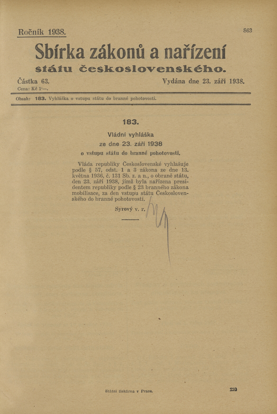 Vyhláška o mobilizaci, vydaná 23. září 1938.