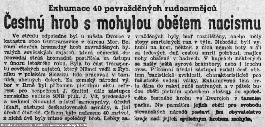 Dobový článek o exhumacích ve Dvorcích.