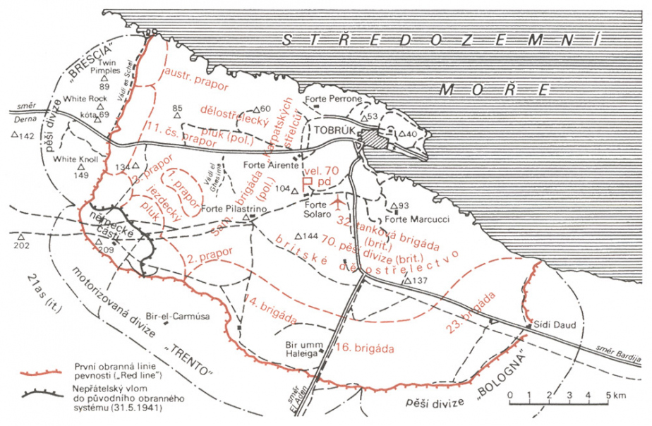 Mapka obléhání Tobruku a rozmístění jednotlivých jednotek obou válčících stran. 
