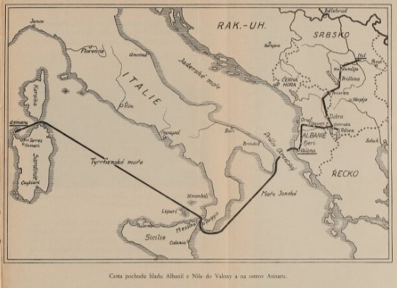 Mapa cesty pochodu hladu Albánii z Niše a na ostrov Asinara.