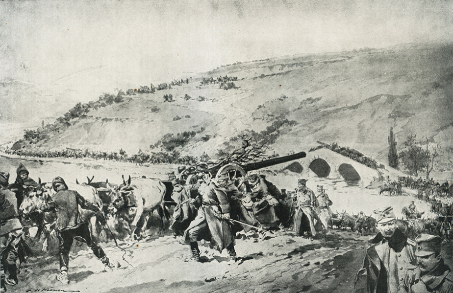 Srbské vojsko při ústupu po těžko schůdných horských cestách. Ustupovali nejen vojáci, ale také civilní obyvatelstvo i rakousko-uherští váleční zajatci. Odhaduje se, že mezi nimi bylo na 25 000 vojáků českého původu.