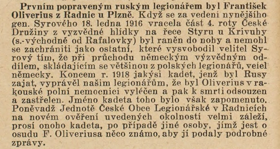 Článek pátrající po osudech Františka Oliveria.