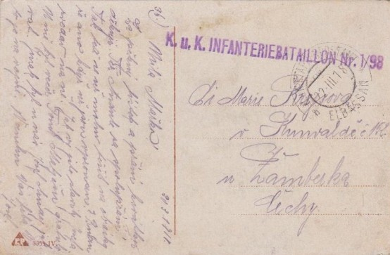 Tzv. lístek polní pošty odeslaný roku 1918 příslušníkem I. praporu 98. pěšího pluku z Vysokého Mýta. Dle razítka K.u.K. Etappenpostamt ELBASSAN b jde o lístek odeslaný prostřednictvím r.-u. týlového poštovního úřadu umístěného ve městě Elbassan.