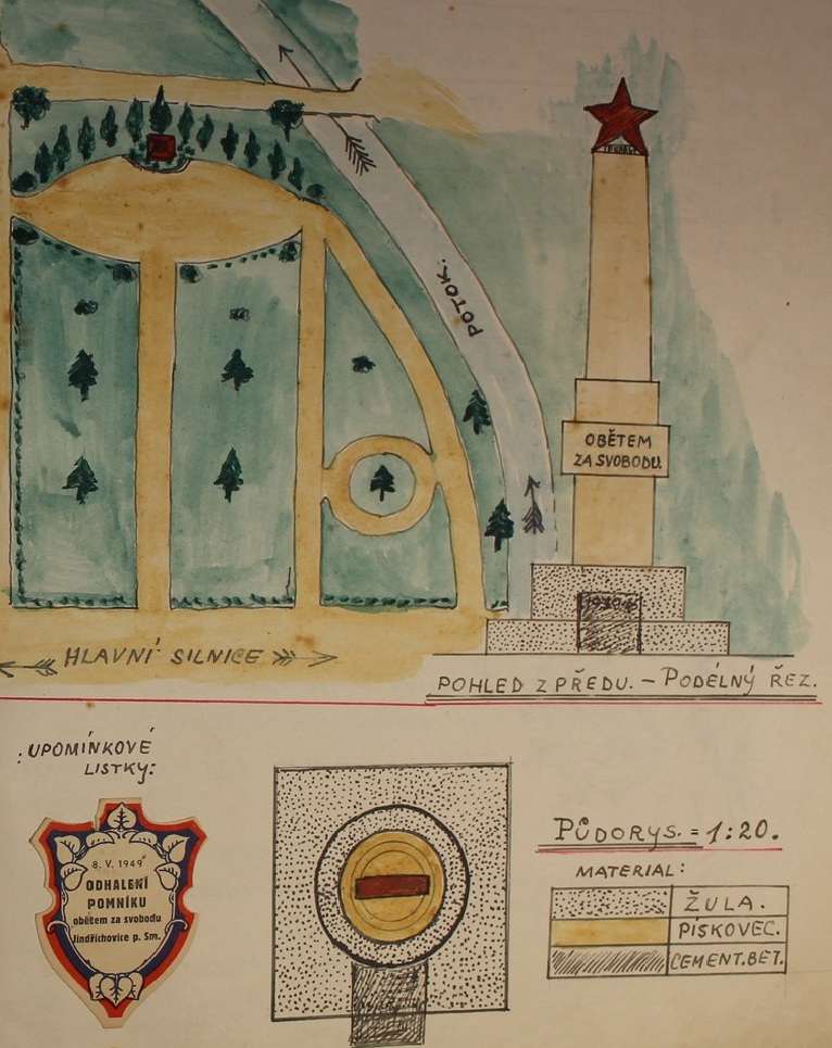 Stránka z kroniky obce Jindřichovice pod Smrkem z roku 1949 věnující se odhalení pomníku. 
