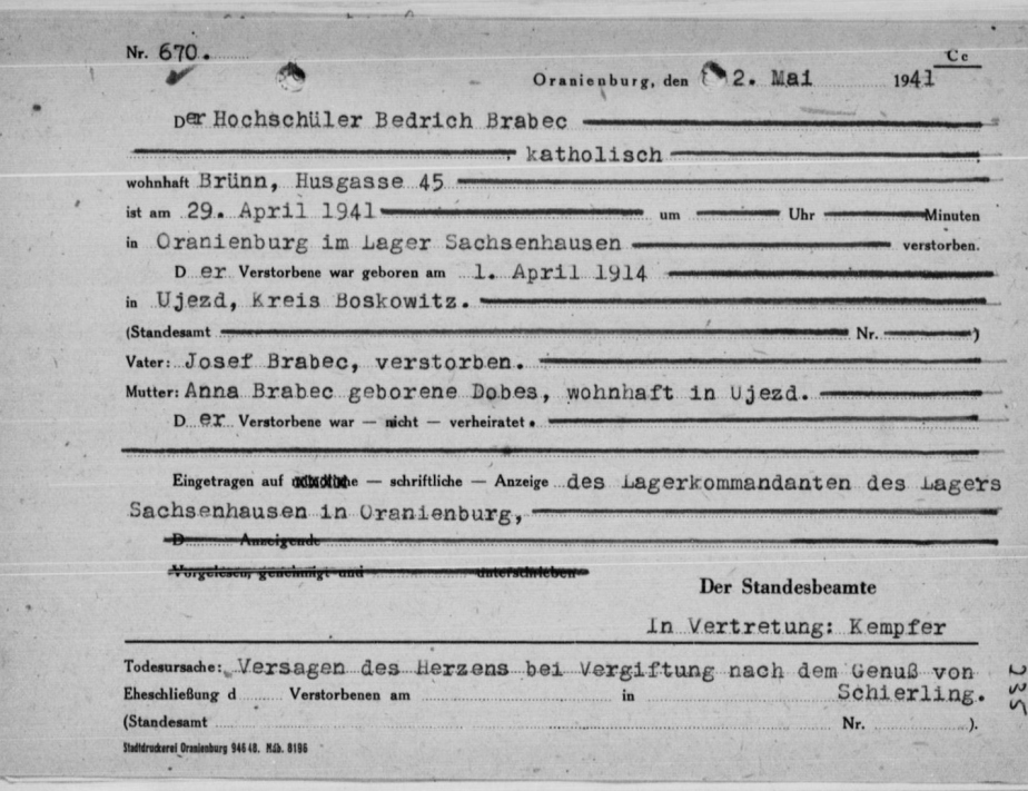 Záznam o úmrtí JUDr. Bedřicha Brabce