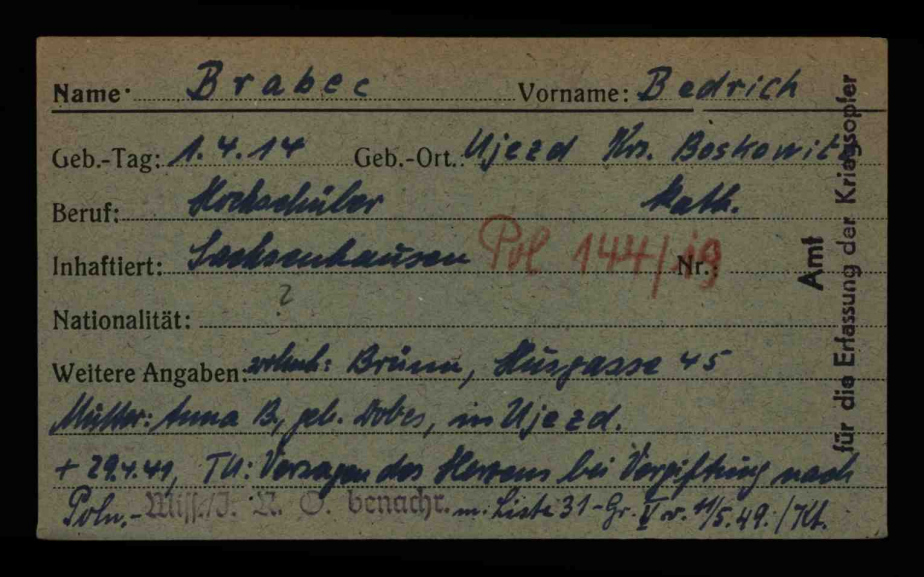 Záznam o úmrtí JUDr. Bedřicha Brabce