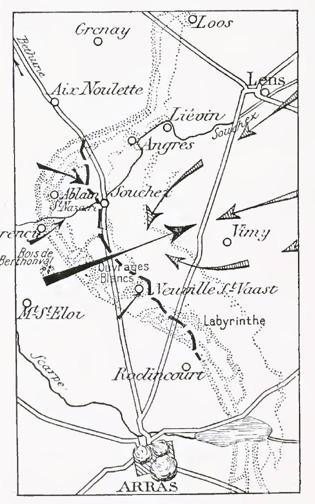 Nákres útoku na hřeben u Vimy 9. a 10. května 1915. 