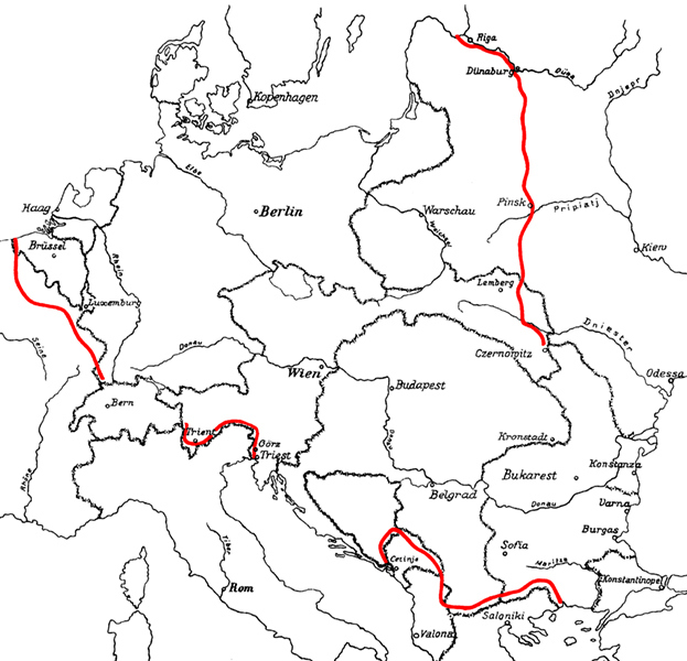 Mapa ukazující průběh frontových linii na přelomu let 1915/1916 názorně ilustruje rozsah území obsazeného vojsky Ústředních mocností.