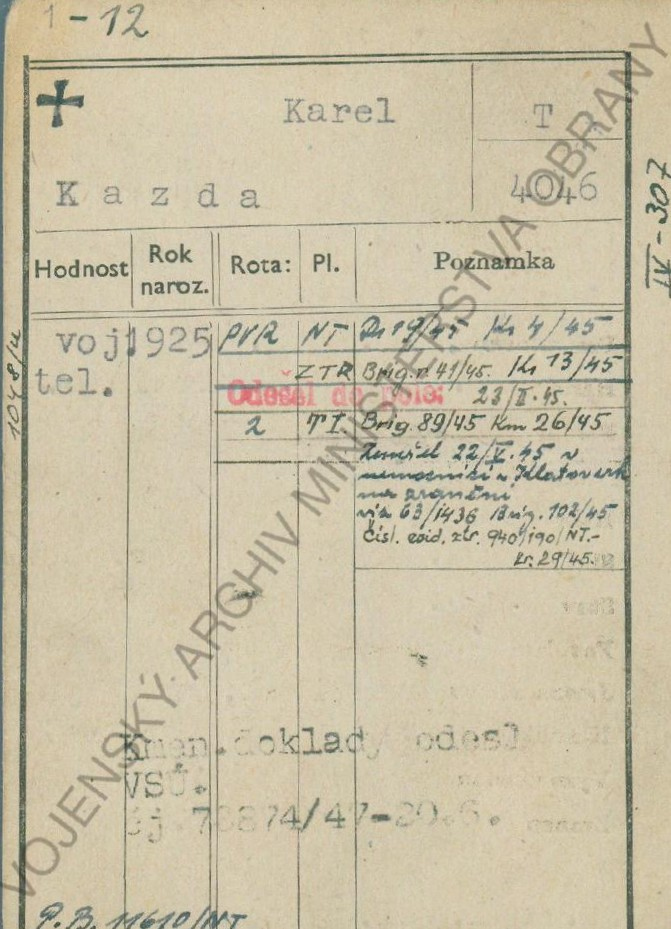 Kmenové listy vojína Karla Kazdy