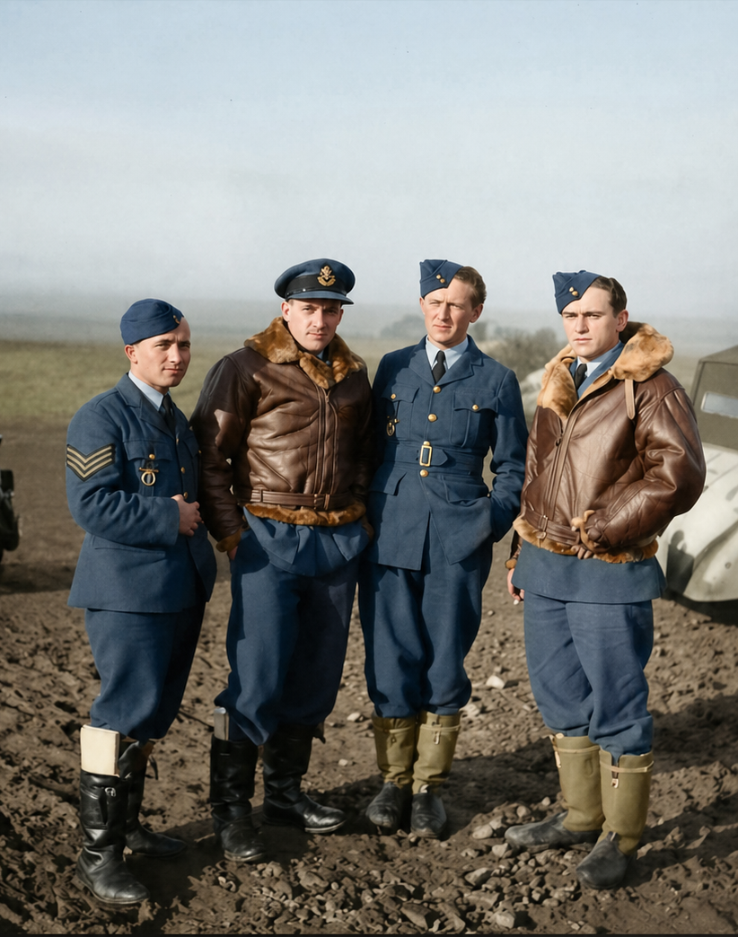 Českoslovenští piloti sloužící u 46. stíhací perutě RAF. Zleva: Sgt. Prokop Brázda, F/L Karel Mrázek, Sgt. Josef Gutvald, Sgt. Jiří Řezníček. Fotografie byla pořízena v únoru 1941. 