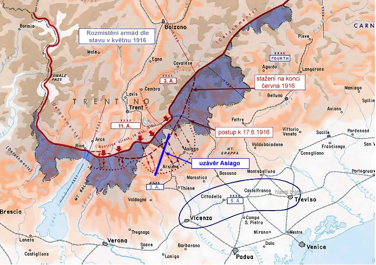Mapa znázorňující vojenskou situaci na italské frontě během rakousko-uherské ofenzivy v květnu a červnu 1916.