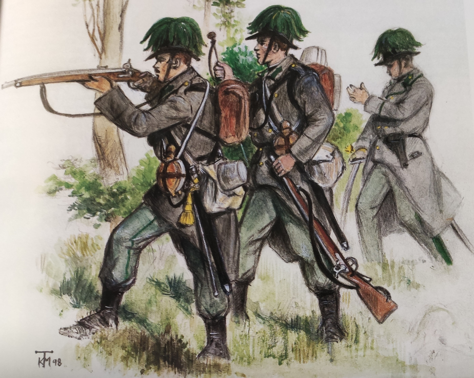 Dva myslivci a poručík mysliveckého praporu ve stejnokrojích z prusko-rakouské války 1866. 