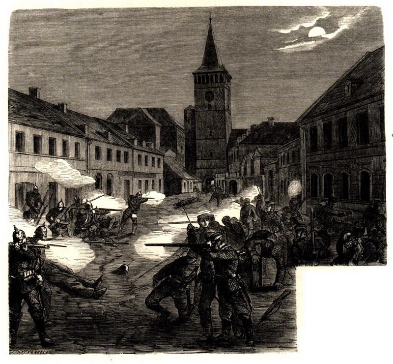 Saská a pruská pěchota v boji na jičínském náměstí 29. června.