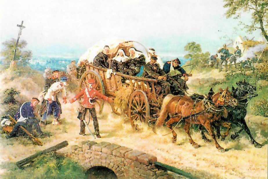 Odvoz raněných z bojiště po střetnutích prusko-rakouské války 1866. Na ošetřování a transportu raněných se podílely i řeholní sestry. Válka roku 1866 patřila mezi první ozbrojené konflikty, při nichž se začaly uplatňovát zásady první Ženevské úmluvy.