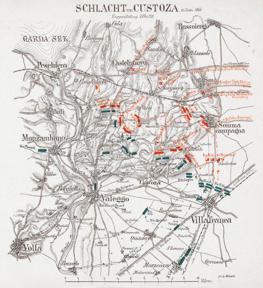 Rozložení armád u Custozy 24. června 1866.