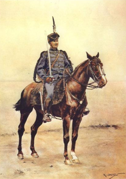 Vyobrazení rakouského husara z války roku 1866 na kresbě Rudolfa Otto von Ottenfelda. 
