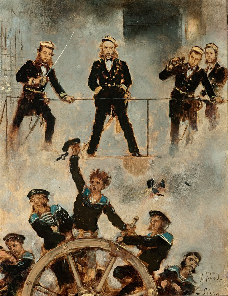 Admirál Wilhelm von Tegetthoff během bitvy u Visu (autor malby: Anton Romako)