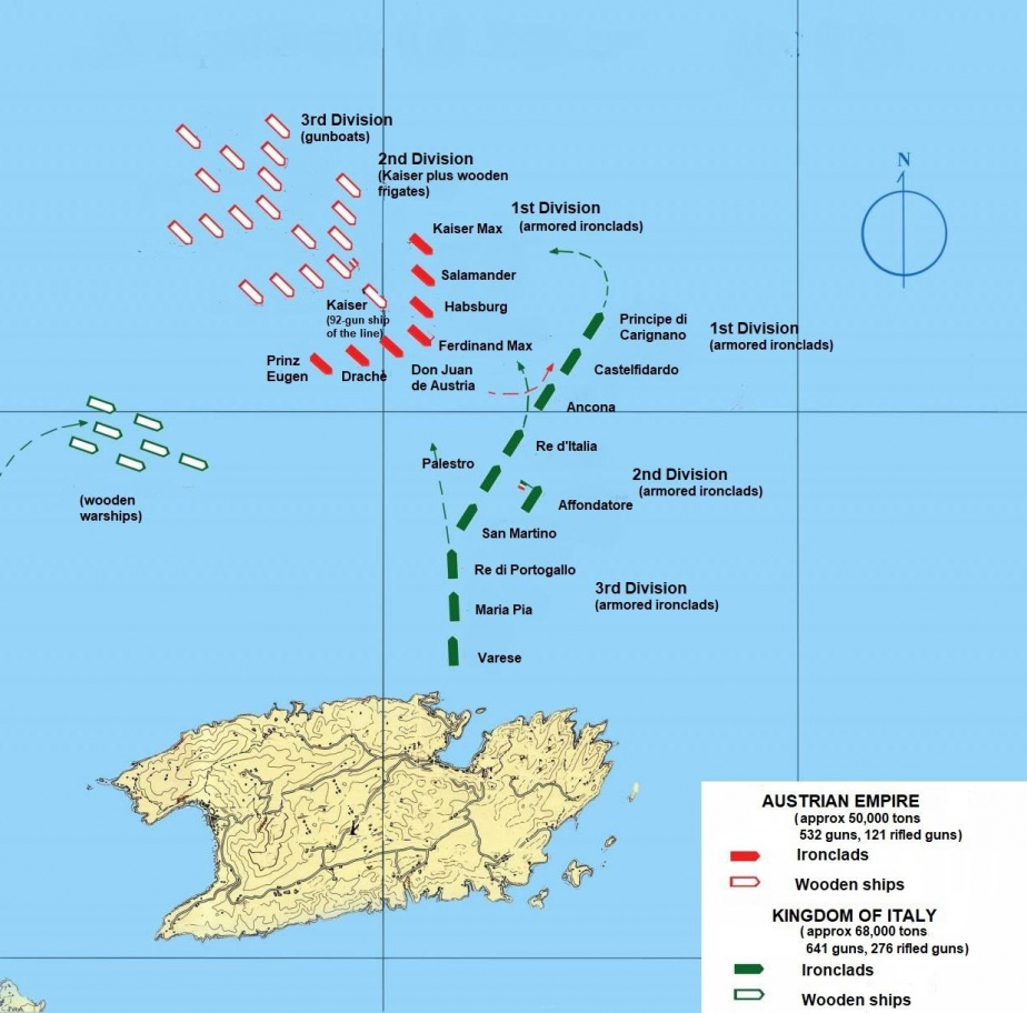Mapa znázorňující rozmístění rakouské (vyznačena červeně) a italské (vyznačena zeleně) flotily v počáteční fázi bitvy u Visu