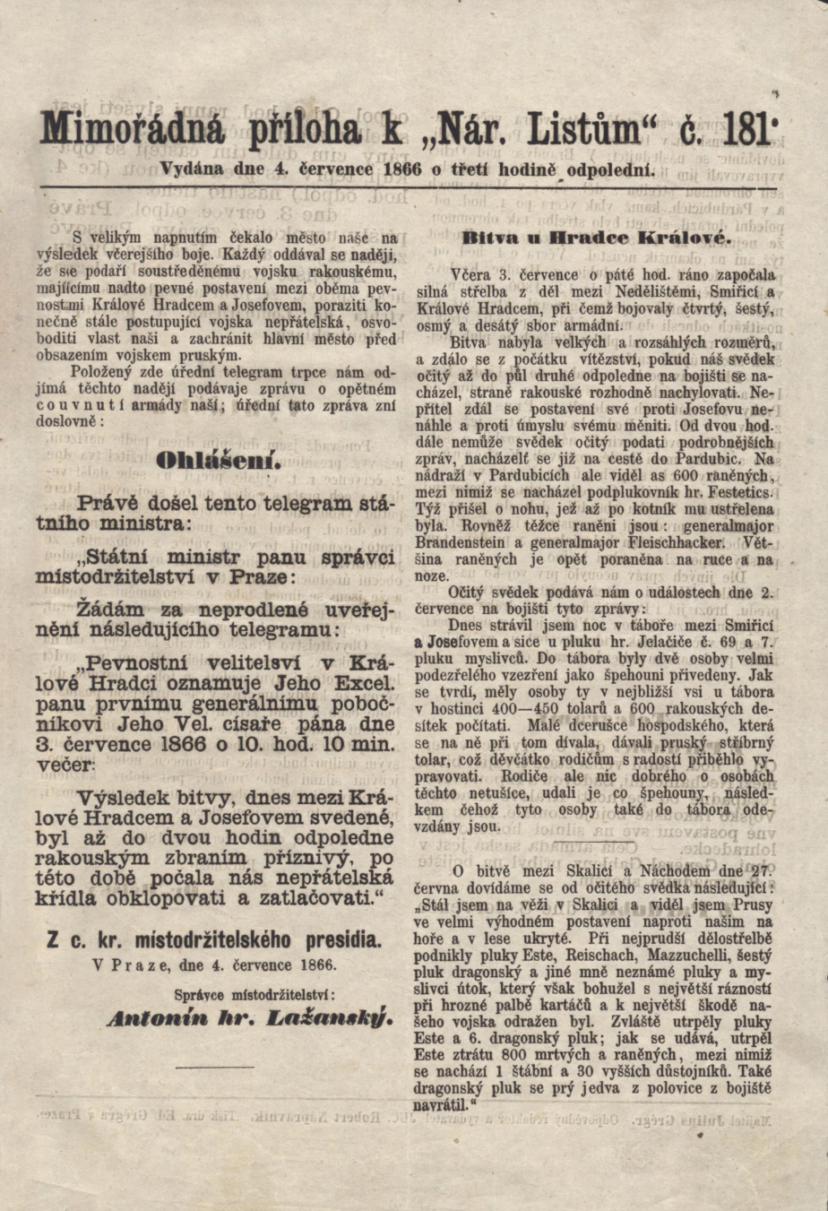 Mimořádná příloha Národních listů o bitvě u Hradce Králové.