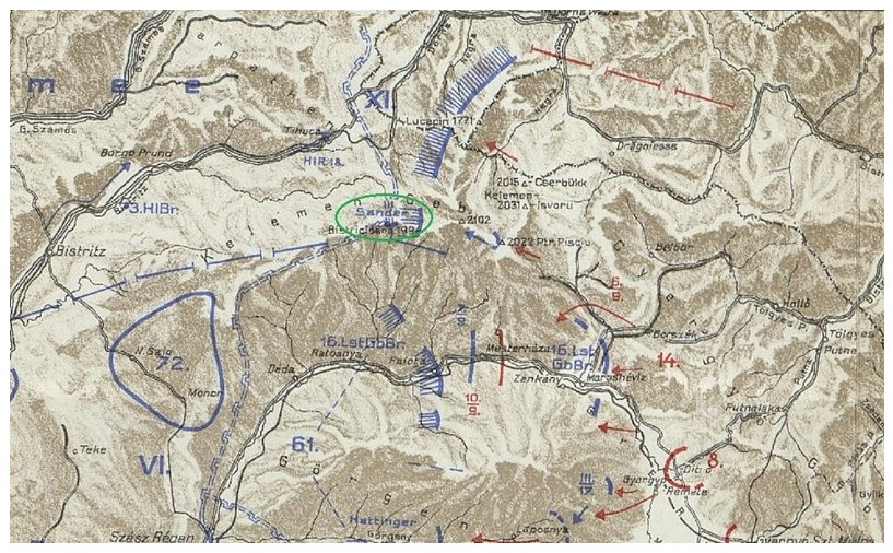 Mapa zachycující operační prostor VII. praporu rakousko-uherského pěšího pluku č. 73 (Cheb) během bojů v Rumunsku v roce 1916.