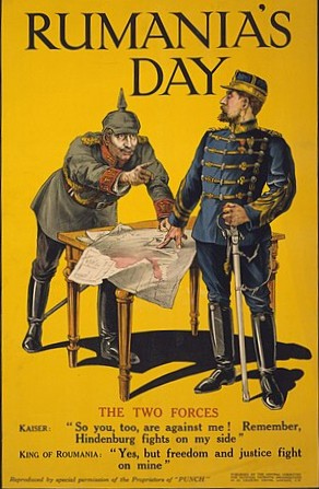 Britský propagandistický plakát Rumania's Day, reagující na vstup Rumunska do války na straně Dohody.