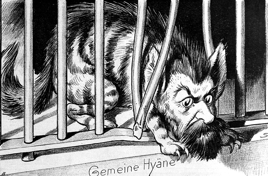 Karikatura rumunského krále Ferdinanda I. zobrazující jej jako zákeřnou hyenu.