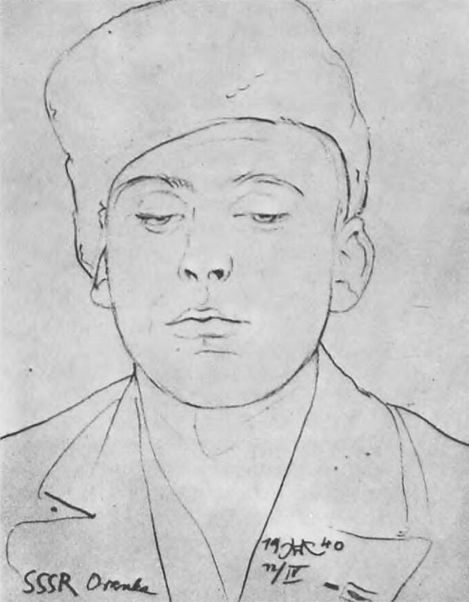 Josef Krejčiřík (*2. 9. 1914 Lovčice, okr. Kyjov – †1. 9. 1941 Miškolc) na kresbě V. Blažka z tábora Oranky.